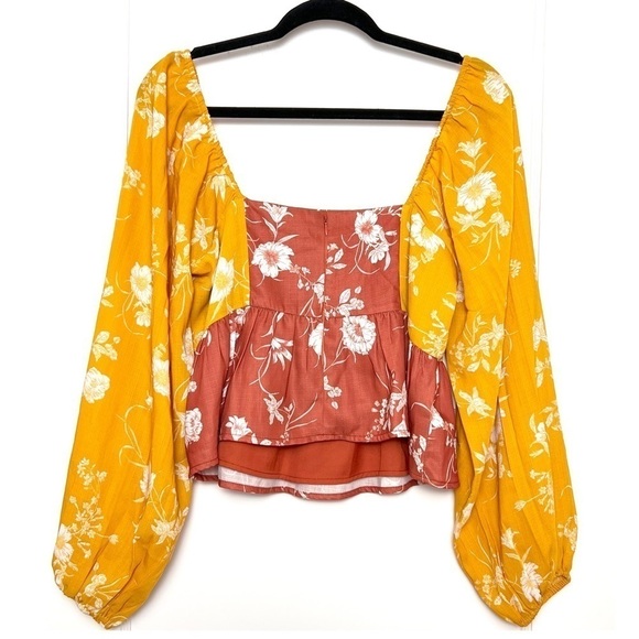 WALTER BAKER 70s Floral Colorblock Off Shoulder Puff Long Sleeve Ruffle Top M - Picture 4 of 8